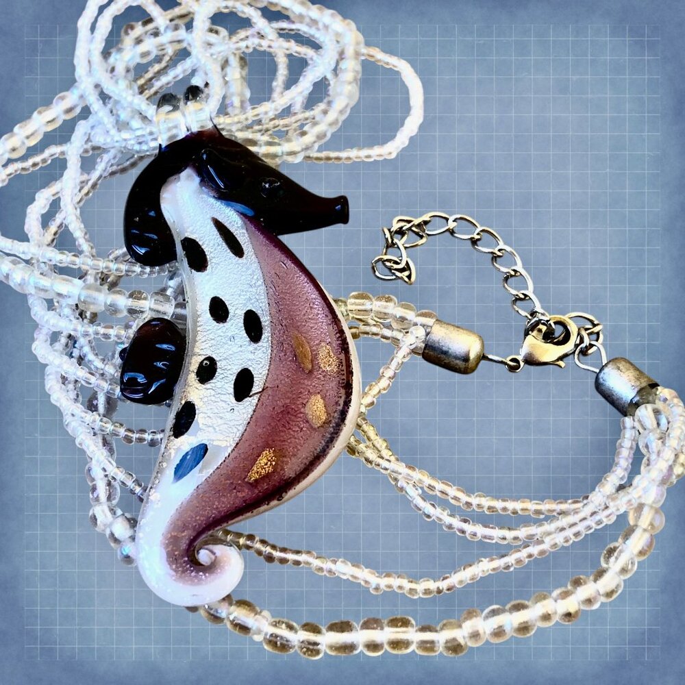 Seahorse Art Glass Pendant with Multi-strand Beaded Necklace Beach Sea - Picture 4 of 12